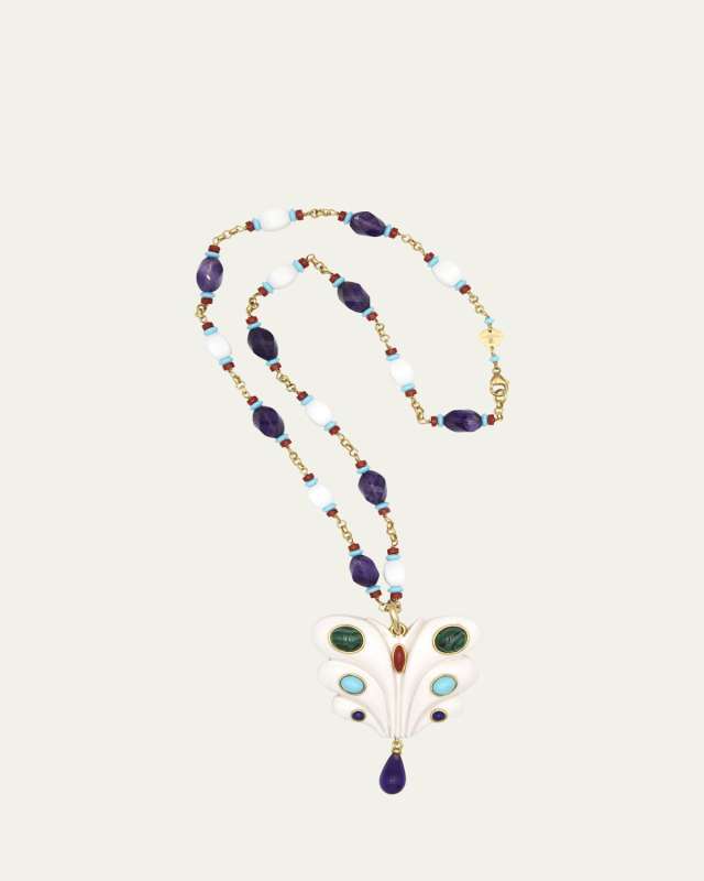 Butterfly Charm Beaded Chain Necklace with Resin and Amethyst